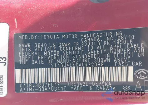 2010 Toyota Corolla S z USA, uszkodzony, nr VIN 2T1BU4EE0AC472098